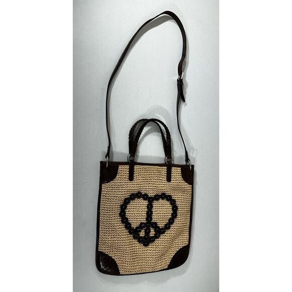 Brighton Leather and Woven Straw Purse Tote Bag Peace Sign 3D Heart Rosette